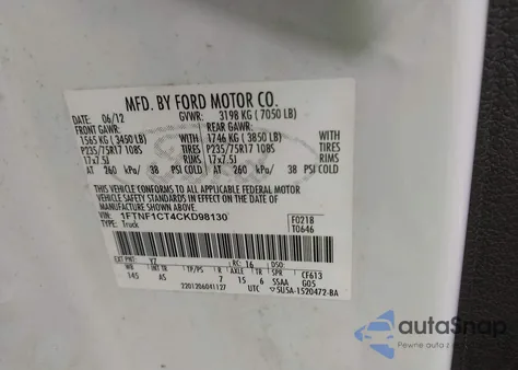 2012 Ford F-150 Xl z USA, uszkodzony, nr VIN 1FTNF1CT4CKD98130